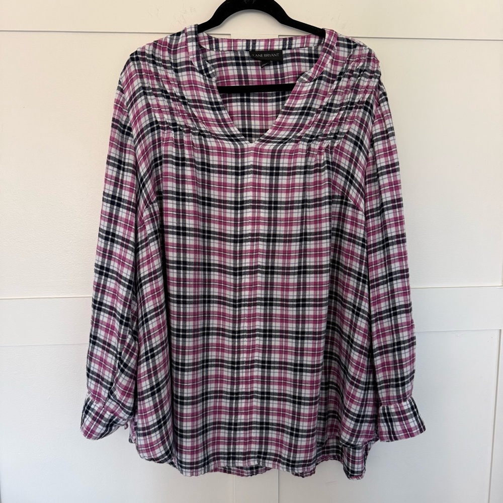 Lane Bryant Plaid V-Neck Top - Pink and Black - 18/20